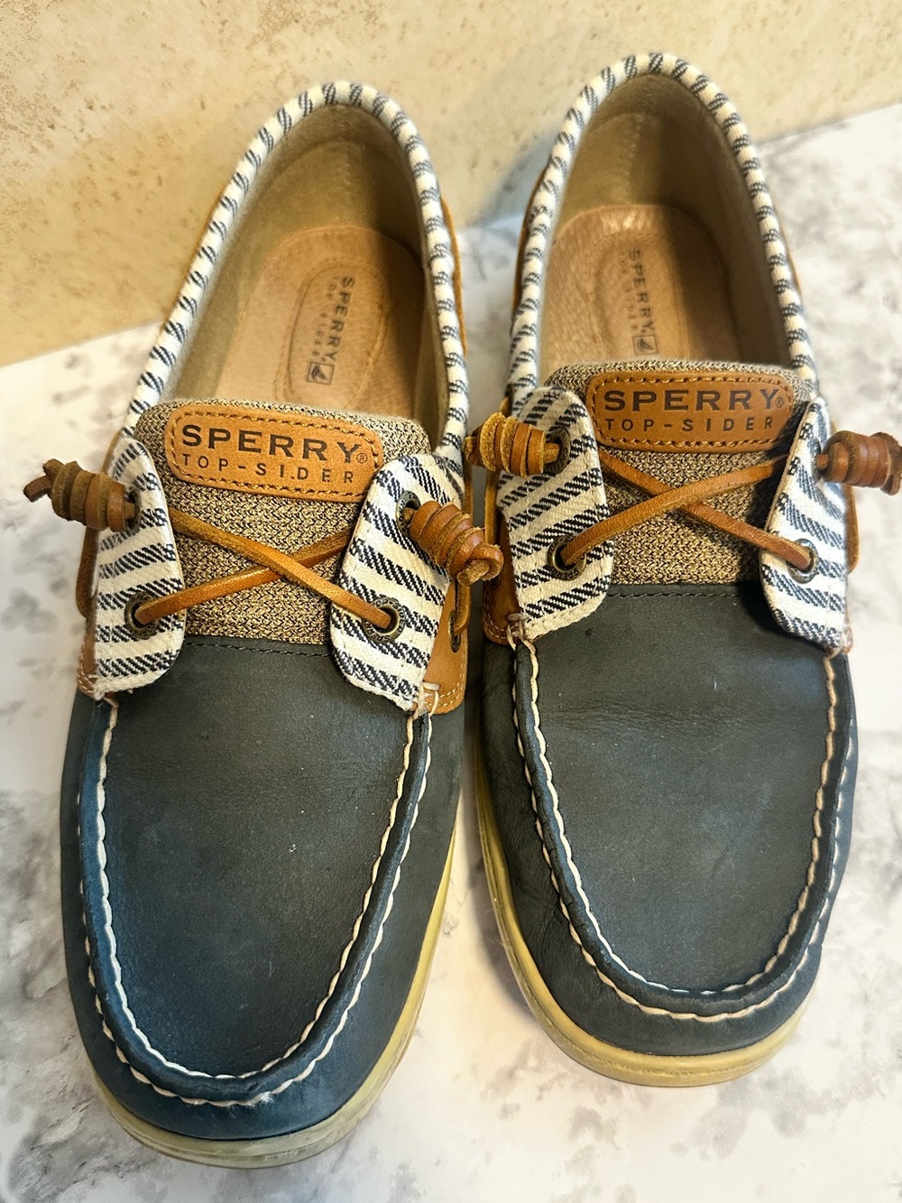 Sperry Women’s Tan Canvas & Striped Boat Moccasins